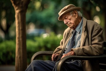 Photo of an elderly gentleman sitting alone on a park bench, lost in contemplation. Generative AI