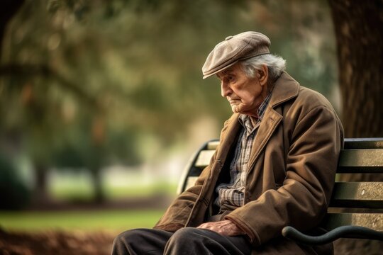 Photo of an elderly gentleman sitting alone on a park bench, lost in contemplation. Generative AI