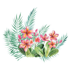Bouquet of tropical flowers and palm branches, cute decor for summer wedding.