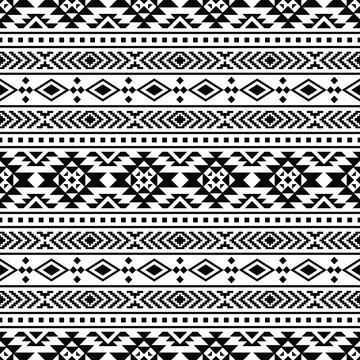 Figure tribal embroidery. Ethnic geometric abstract backdrop. Tribal Navajo seamless pattern. Black and white. Design for textile, template, fabric, weave, cover, carpet, decoration, tile, accessory.