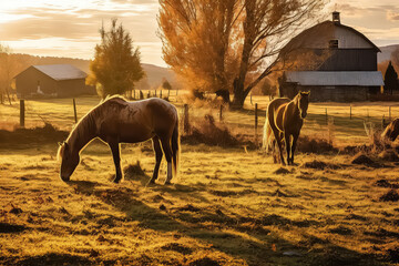 Beautiful chestnut horses at the farm at sunset