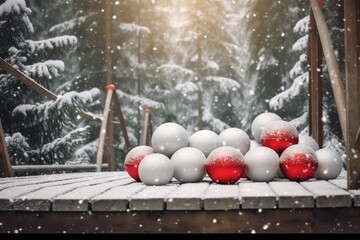 Festive Christmas composition of balls in forest framed by snow-covered fir trees. Generative AI
