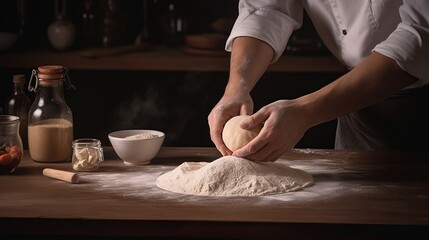 Obraz na płótnie Canvas Rustic chef making pizza dough on dark background. Food preparation. Generative Ai