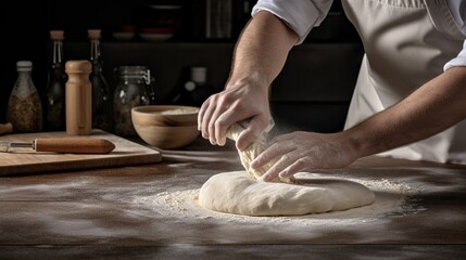 Fototapeta premium Rustic chef making pizza dough on dark background. Food preparation. Generative Ai
