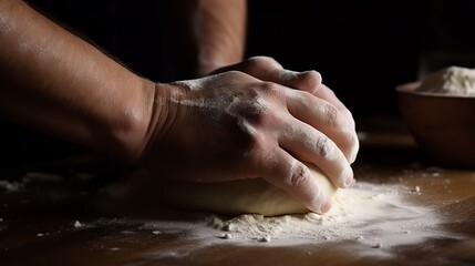 Fototapeta premium Rustic chef making pizza dough on dark background. Food preparation. Generative Ai
