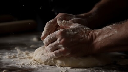 Rustic chef making pizza dough on dark background. Food preparation. Generative Ai