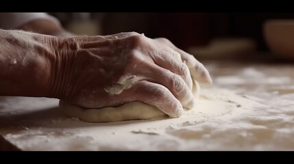Rustic chef making pizza dough on dark background. Food preparation. Generative Ai