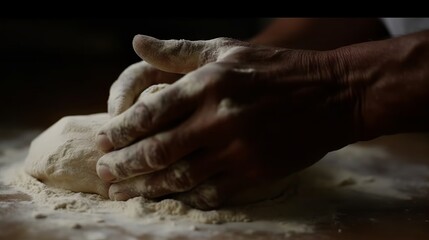 Fototapeta na wymiar Rustic chef making pizza dough on dark background. Food preparation. Generative Ai