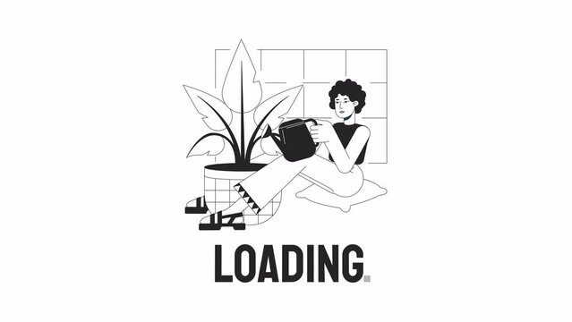 Watering plant bw loader animation. Gardening houseplant hobby. Flash message 4K video footage. Isolated outline monochrome loading animation with alpha channel transparency for UI, UX web design