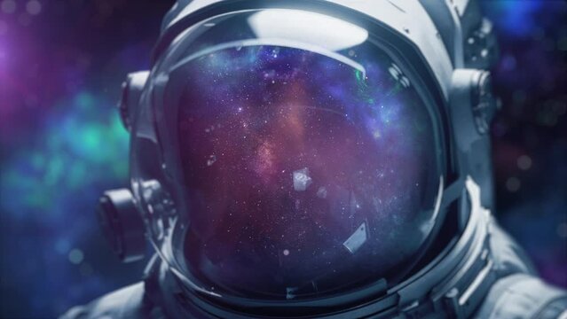 Astronaut with nebula and galaxies in space. Milky way with galaxy stars and space dust in universe. Blue stanfield abstract background. Cosmonaut in deep cosmos at night. Cyber punk aesthetics art