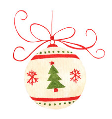 Christmas ball hanging on ribbon. Watercolor Christmas card for invitations, greetings, holidays and decor.