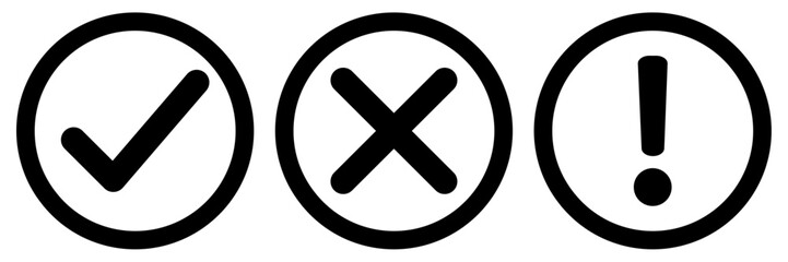 Right, Wrong, Exclamation mark color. Vector set of flat round check mark, X mark icons, exclamation point. Checkmark, exclamation round sign, X mark -stock vector. Vector illustration black outline