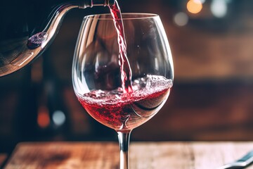 Fototapeta na wymiar Red wine being poured into a glass, vintage wood background. Generative ai
