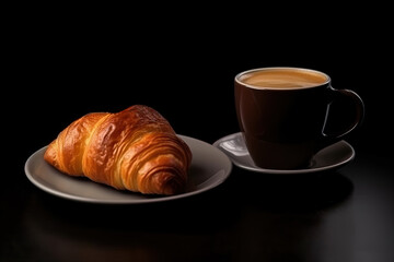 cup of coffee and croissants isolated on a black background. Created with Generative AI Technology