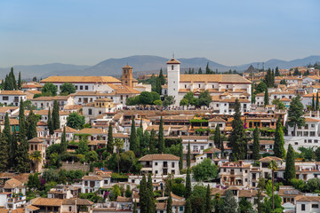 Fototapeta na wymiar Aerial view San Nicolas Viewpoint and San Nicolas Church - Granada, Andalusia, Spain