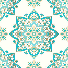 Turquoise and gold seamless pattern with mandala ornament. Traditional Arabic, Indian motifs. Great for fabric and textile, wallpaper, packaging or any desired idea.
