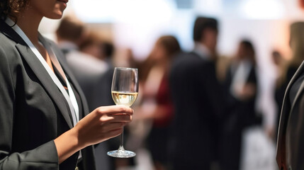A businesswoman holds a glass of wine while talking to another person at a professional event.