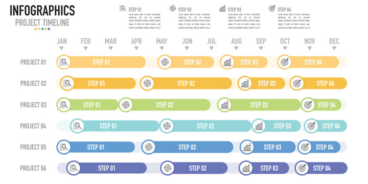 Gantt chart timeline 12 months infographic template or element with 6 project and 4 step, process, option, colorful bar, button, minimal style for sale slide, planner, flowchart, workflow, schedule