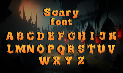 Scary font. Typography alphabet with colorful spooky and horror illustrations. Type design for holiday party celebration. Design vector banner with hand-drawn lettering.