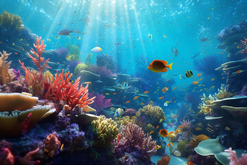 Colorful fish swim in the depths of the sea, vibrant coral reefs adorn the underwater landscape, and sun rays penetrate from the surface.