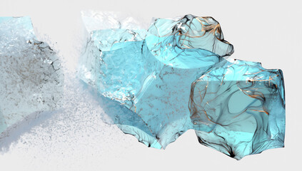 Ice Cubes on Light Background · Generative AI · Idea of Melting with Blue Glass Cubes and Gold Smoke like Particles