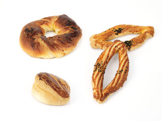 Turkish street food, bakery, açma, çatal and poğaça isolated on white background.