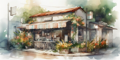 Beautiful and lovely street grocery store, watercolor effect