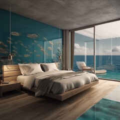Natural and simple seaside hotel bedroom interior, sea water is introduced into the room to form a natural combination