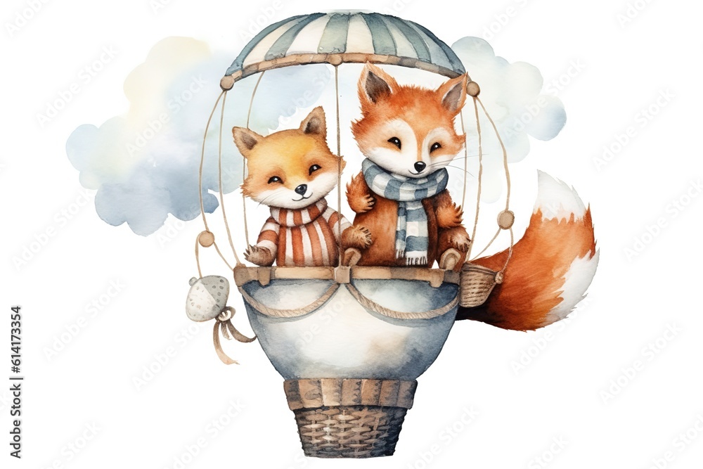 Poster Cute mom and baby fox in hot air balloon painted in watercolor on a white isolated background. Generative AI