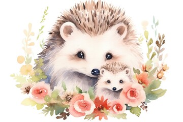 Cute mom and baby hedgehog with flower wreath painted in watercolor on a white isolated background. Generative AI