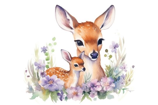 Cute mom and baby deer with flower wreath painted in watercolor on a white isolated background. Generative AI