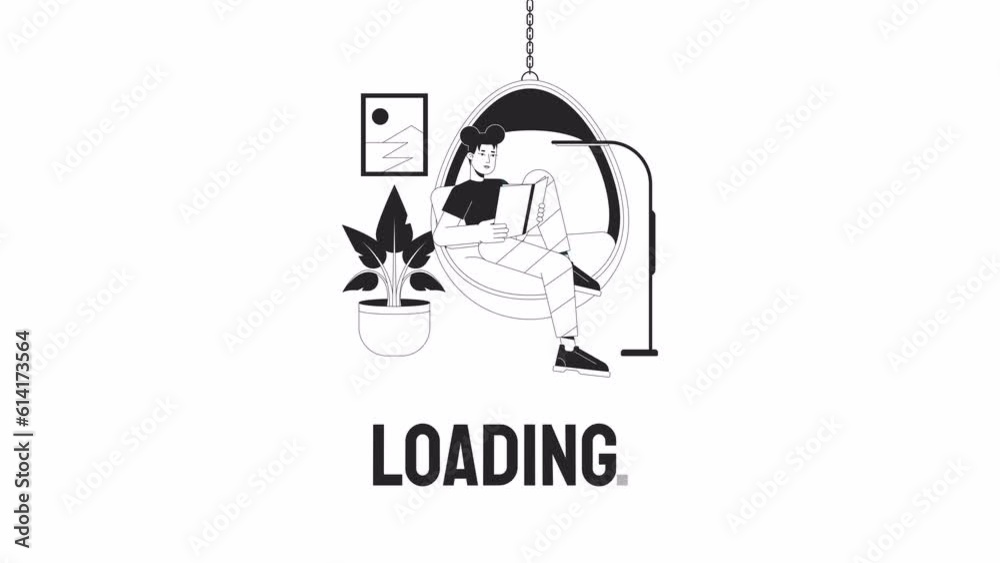 Poster book reader bw loader animation. cozy reading hobby in hammock seat. flash message 4k video footage.