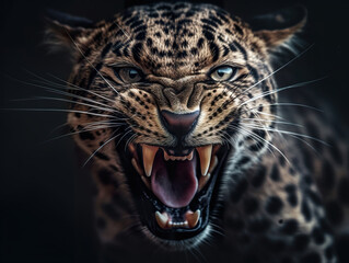 Naklejka na ściany i meble Furious leopard portrait with intense eyes and big teeth. Leopard head with grunge effect abstract leopard portrait. Award-winning wildlife image. Realistic 3D illustration. Generative AI
