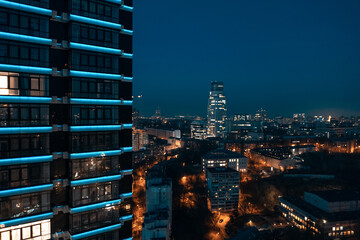 beautiful night city urban view of light illuminated capital Kiev, Kyiv, Ukraine, aerial