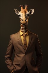 Fashion photography of a anthropomorphic  giraffe dressed as business woman clothes in office,