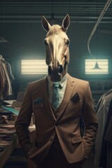 Fashion photography of a anthropomorphic horse dressed as businessman clothes in office,