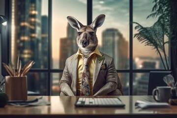 Fashion photography of a anthropomorphic Kangaroo dressed as businessman clothes in office,