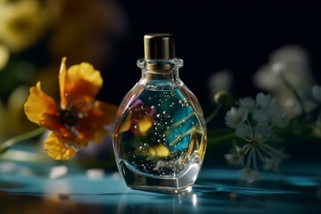 Obraz na płótnie Canvas Closeup beautiful crystal glass perfume bottle, on a dreamy background