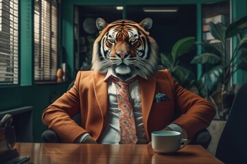 Fototapeta na wymiar Fashion photography of a anthropomorphic Tiger dressed as businessman clothes in office