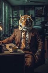 Fototapeta na wymiar Fashion photography of a anthropomorphic Tiger dressed as businessman clothes in office