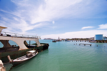 Marine ships gas station at sea bay