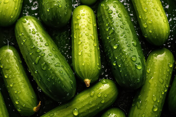 seamless background of many beautiful and shiny cucumber, top view.