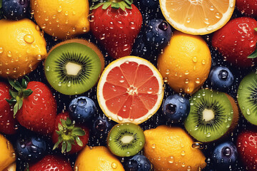 seamless background of many beautiful and shiny fruits, top view.