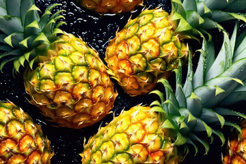 seamless background of many beautiful and shiny pineapple, top view.
