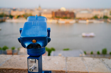Coin Operated Binocular viewer in Budapest looking out to the river and city.
