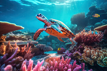 Sea turtle swims underwater on the background of coral reefs