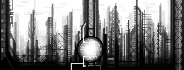 Graphic architectural abstraction with a round reactor, bridge and communications. The city of the future in the cyberpunk style with tall buildings, skyscrapers and engineering structures, monochrome