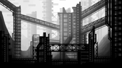 Graphic, architectural abstraction with huge industrial buildings and complex, engineering structures. Gloomy, gray city of the future with factories, skyscrapers, with transitions and bridges, 2d art