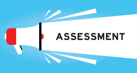 Color megaphone icon with word assessment in white banner on blue background