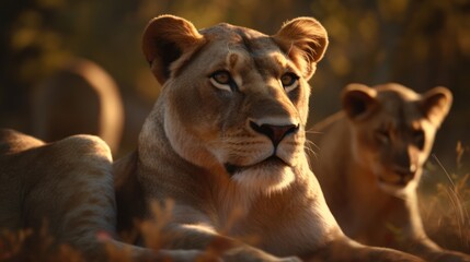 lion and lioness HD 8K wallpaper Stock Photographic Image - obrazy, fototapety, plakaty